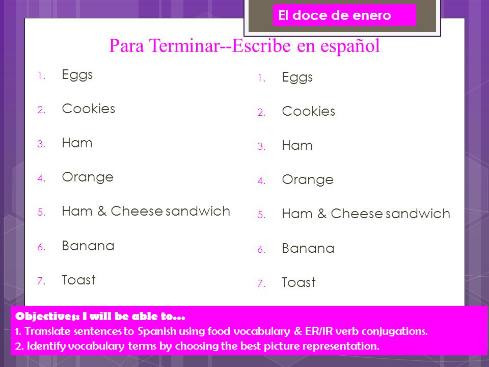 Para Terminar--Escribe en español 1. Eggs 2. Cookies 3.