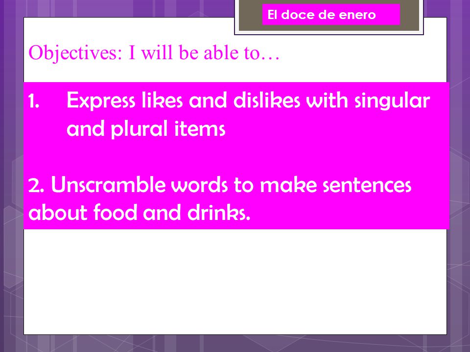 Objectives: I will be able to… El doce de enero 1.Express likes and dislikes with singular and plural items 2.