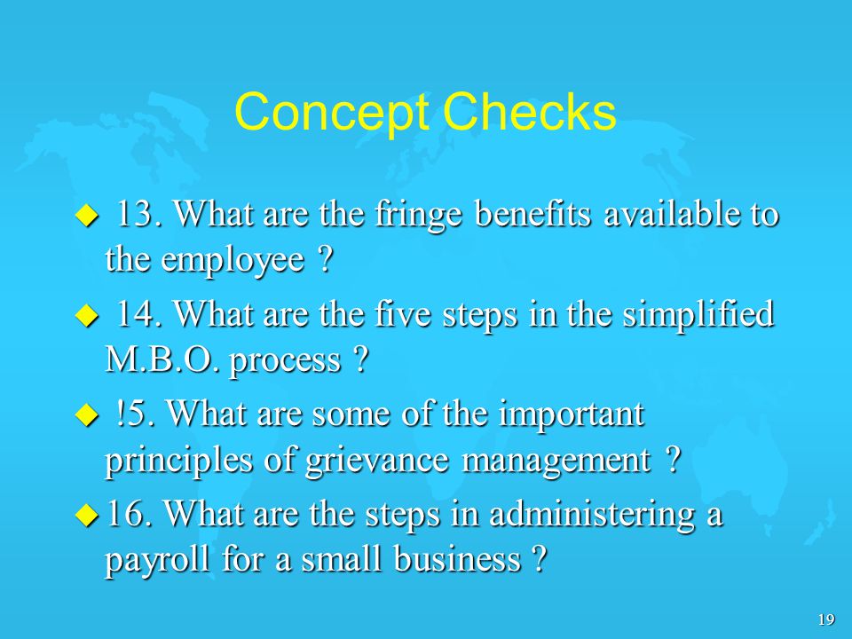 19 Concept Checks u 13. What are the fringe benefits available to the employee .