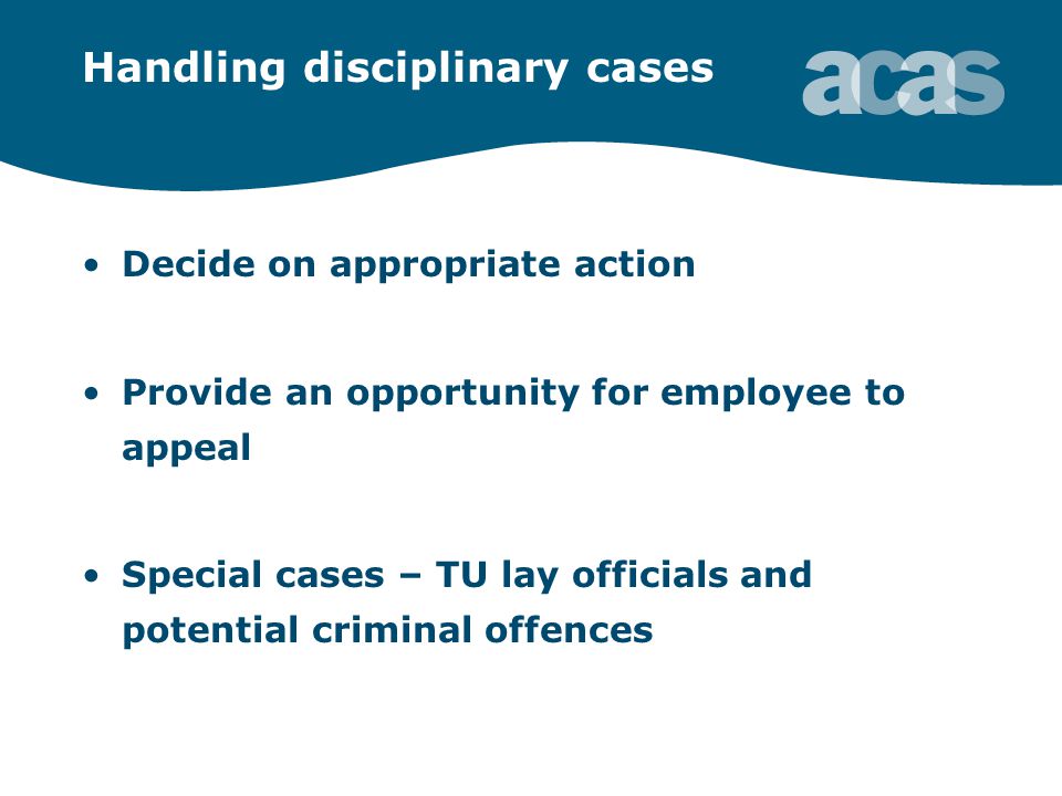 Handling disciplinary cases Decide on appropriate action Provide an opportunity for employee to appeal Special cases – TU lay officials and potential criminal offences