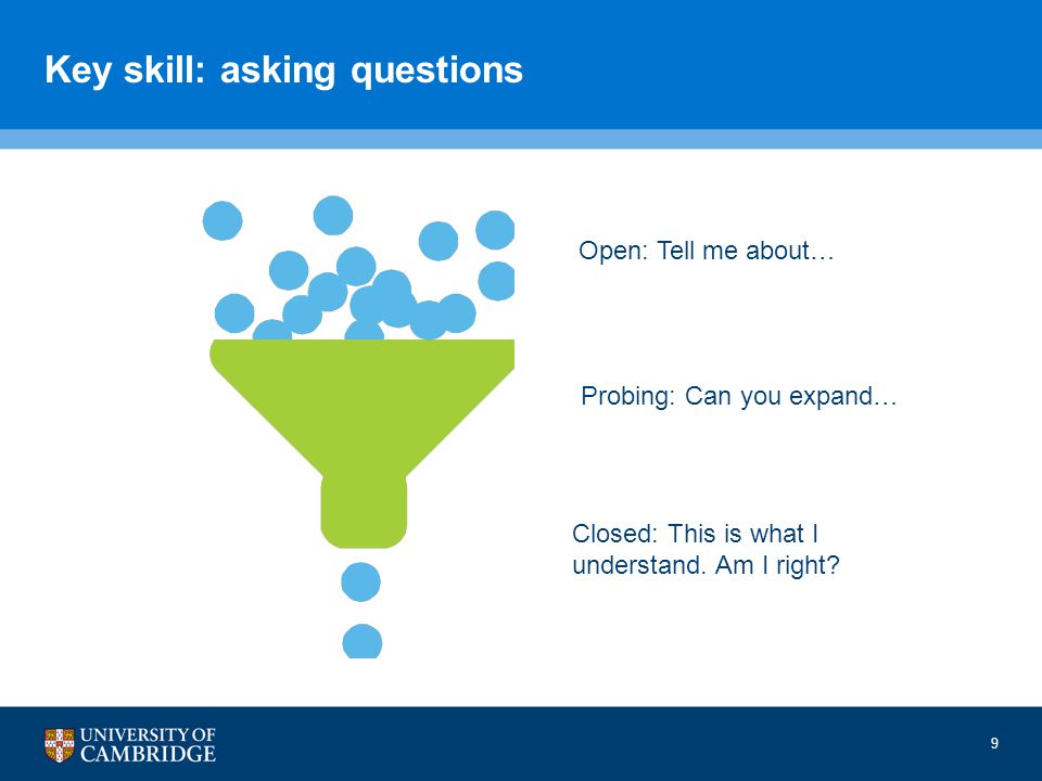 9 Key skill: asking questions Open: Tell me about… Probing: Can you expand… Closed: This is what I understand.