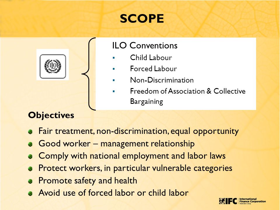 ILO Conventions  Child Labour  Forced Labour  Non-Discrimination  Freedom of Association & Collective Bargaining SCOPE Objectives Fair treatment, non-discrimination, equal opportunity Good worker – management relationship Comply with national employment and labor laws Protect workers, in particular vulnerable categories Promote safety and health Avoid use of forced labor or child labor