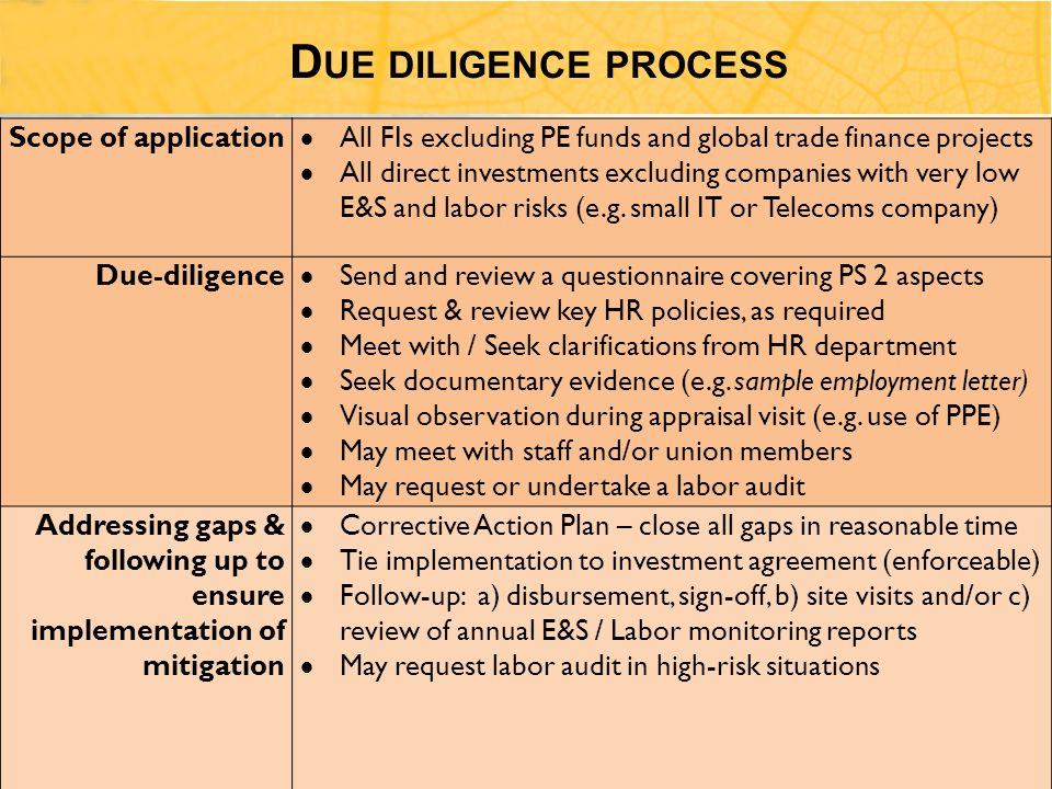 D UE DILIGENCE PROCESS Scope of application  All FIs excluding PE funds and global trade finance projects  All direct investments excluding companies with very low E&S and labor risks (e.g.