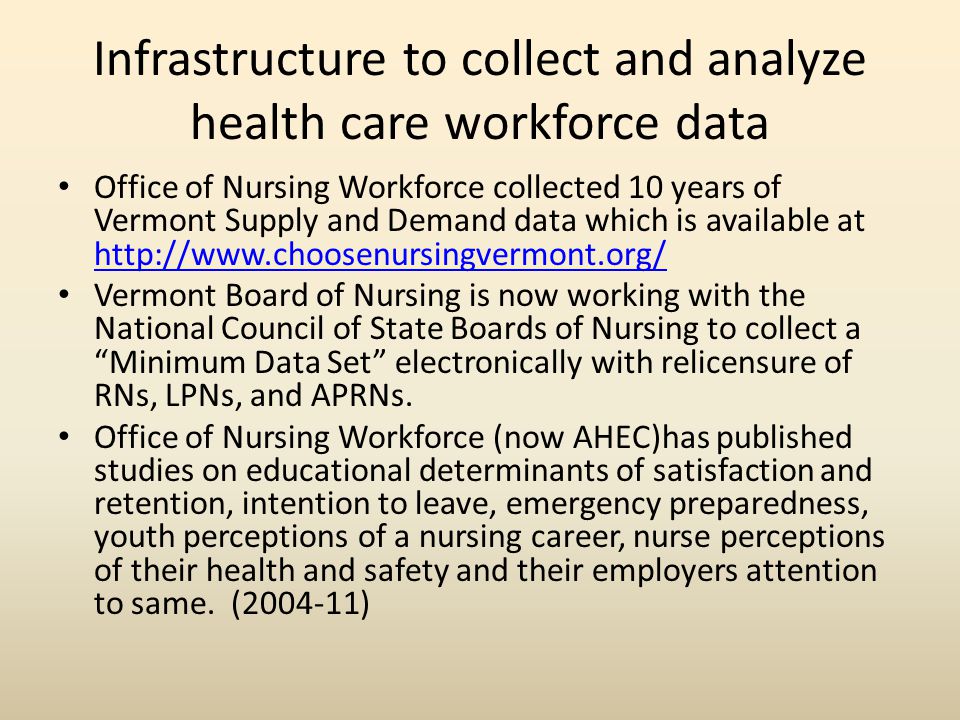 Infrastructure to collect and analyze health care workforce data Office of Nursing Workforce collected 10 years of Vermont Supply and Demand data which is available at     Vermont Board of Nursing is now working with the National Council of State Boards of Nursing to collect a Minimum Data Set electronically with relicensure of RNs, LPNs, and APRNs.