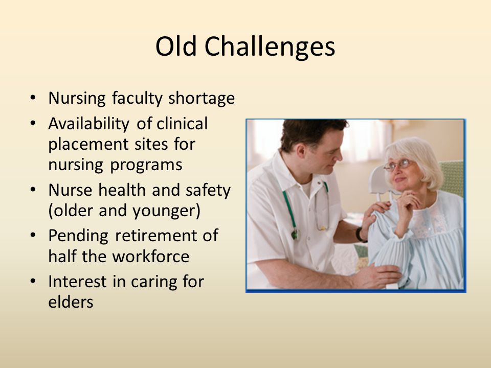 Old Challenges Nursing faculty shortage Availability of clinical placement sites for nursing programs Nurse health and safety (older and younger) Pending retirement of half the workforce Interest in caring for elders