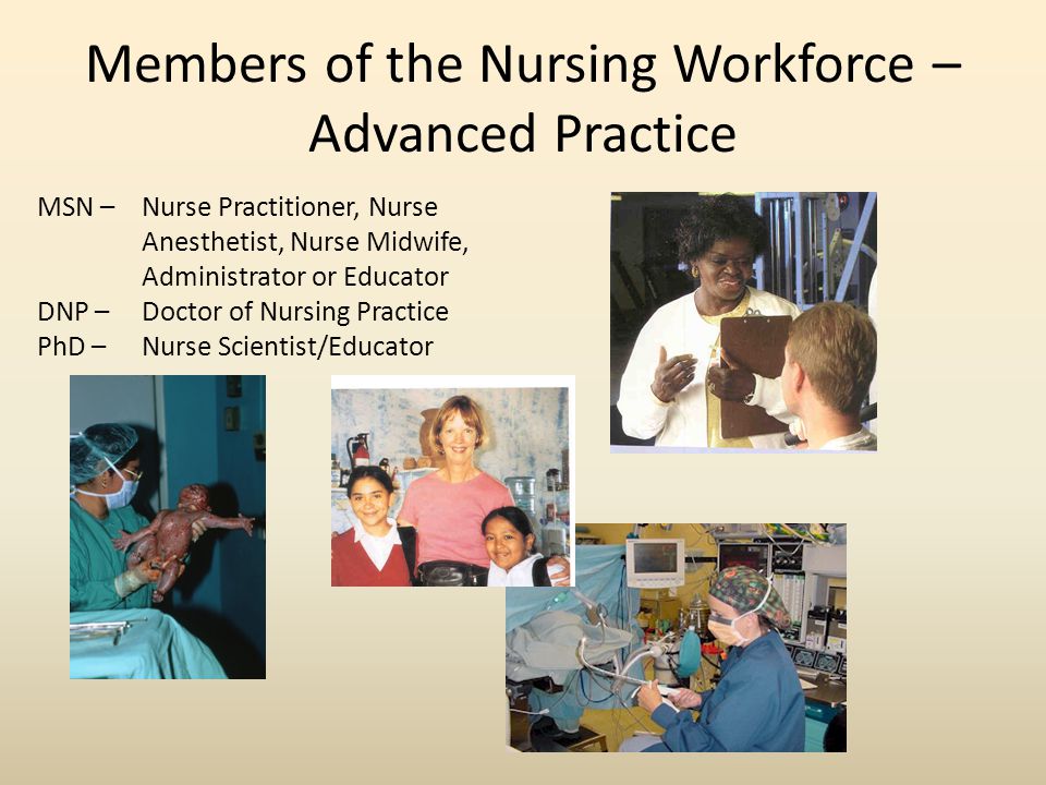 Members of the Nursing Workforce – Advanced Practice MSN – Nurse Practitioner, Nurse Anesthetist, Nurse Midwife, Administrator or Educator DNP – Doctor of Nursing Practice PhD – Nurse Scientist/Educator