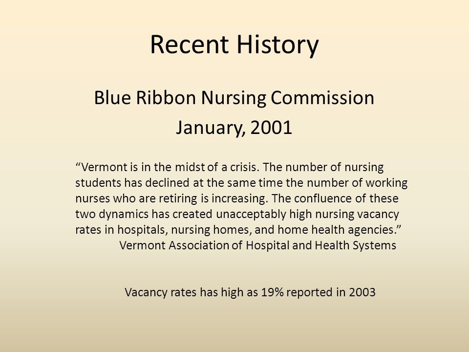 Recent History Blue Ribbon Nursing Commission January, 2001 Vermont is in the midst of a crisis.