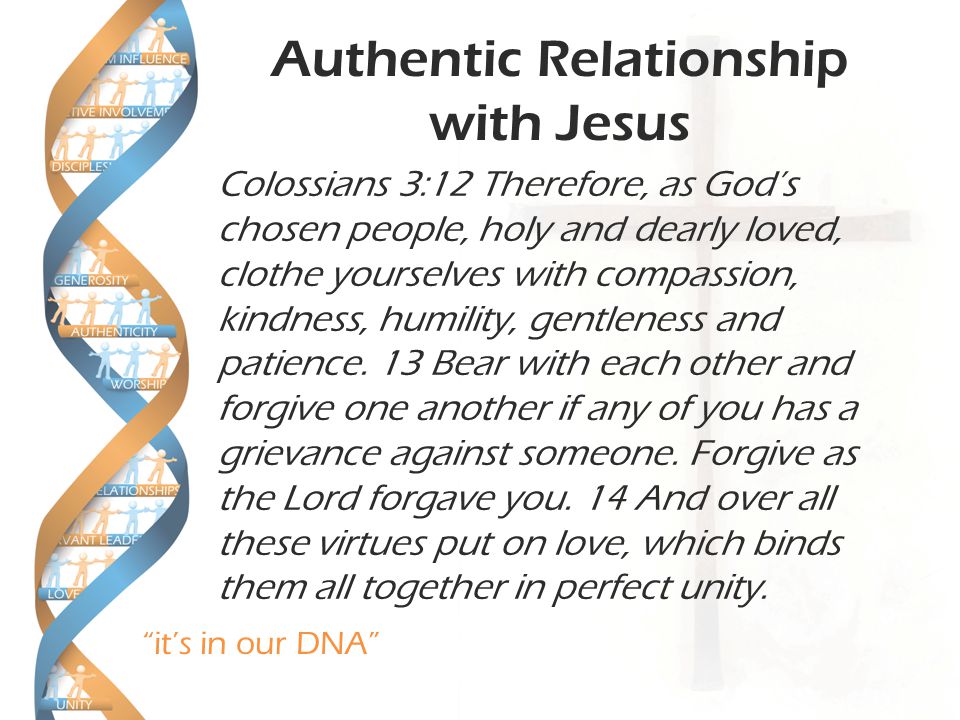 it’s in our DNA Authentic Relationship with Jesus Colossians 3:12 Therefore, as God’s chosen people, holy and dearly loved, clothe yourselves with compassion, kindness, humility, gentleness and patience.