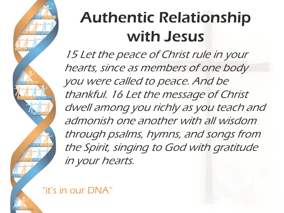 it’s in our DNA Authentic Relationship with Jesus 15 Let the peace of Christ rule in your hearts, since as members of one body you were called to peace.