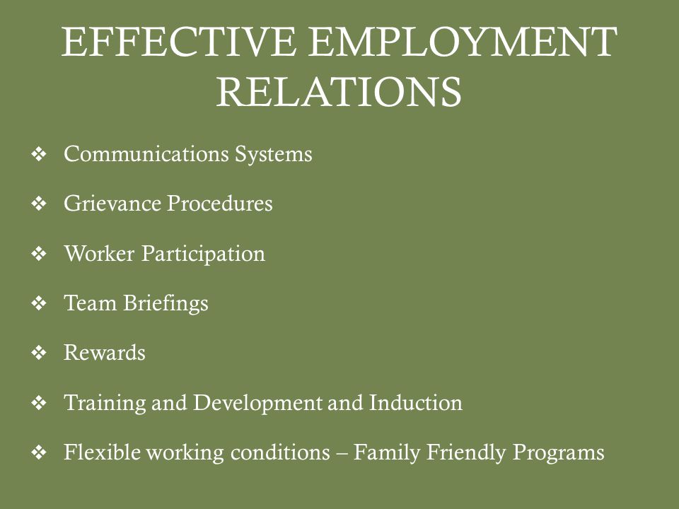 EFFECTIVE EMPLOYMENT RELATIONS  Communications Systems  Grievance Procedures  Worker Participation  Team Briefings  Rewards  Training and Development and Induction  Flexible working conditions – Family Friendly Programs