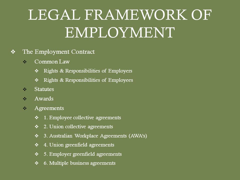 LEGAL FRAMEWORK OF EMPLOYMENT  The Employment Contract  Common Law  Rights & Responsibilities of Employers  Rights & Responsibilities of Employees  Statutes  Awards  Agreements  1.