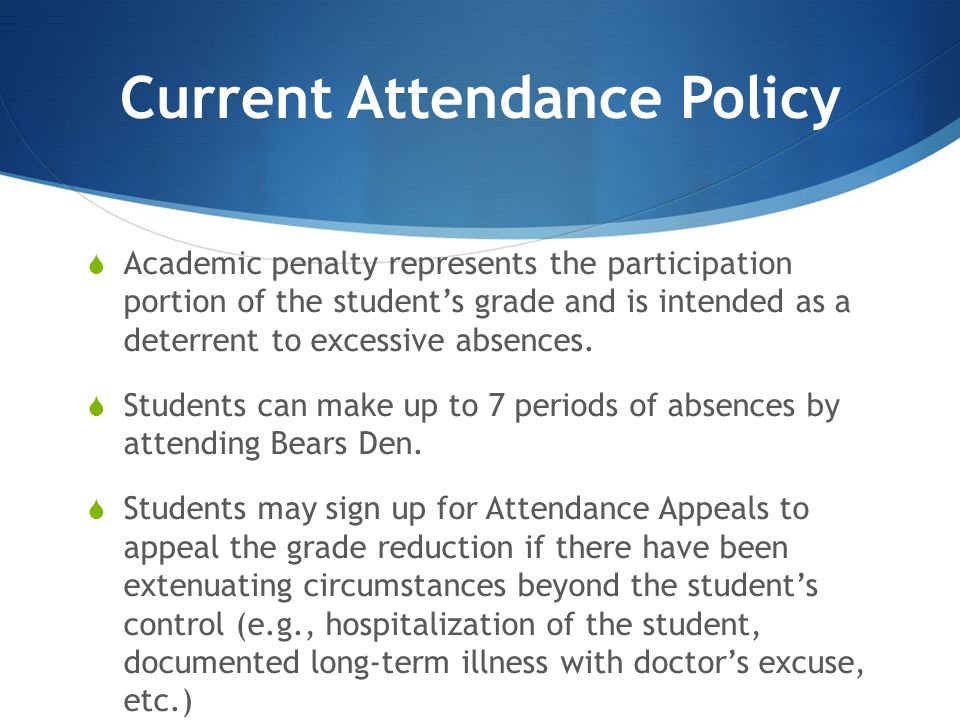 Current Attendance Policy  Academic penalty represents the participation portion of the student’s grade and is intended as a deterrent to excessive absences.