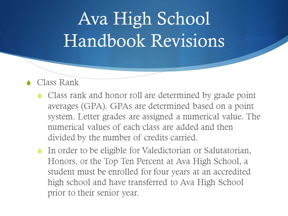 Ava High School Handbook Revisions  Class Rank  Class rank and honor roll are determined by grade point averages (GPA).