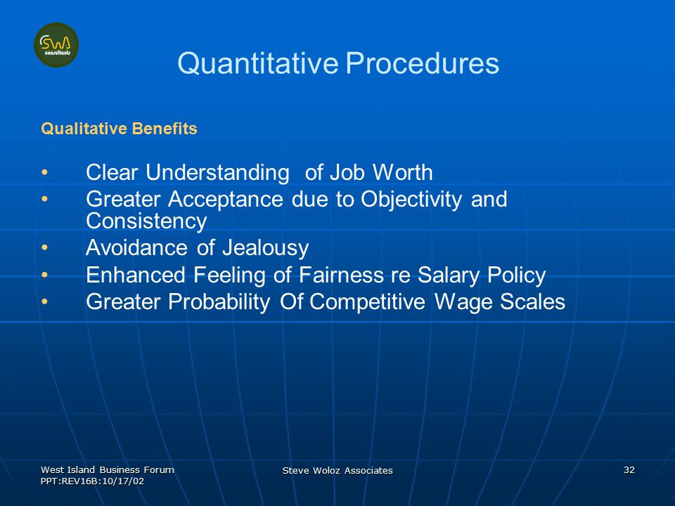 West Island Business Forum PPT:REV16B:10/17/02 Steve Woloz Associates 32 Quantitative Procedures Qualitative Benefits Clear Understanding of Job Worth Greater Acceptance due to Objectivity and Consistency Avoidance of Jealousy Enhanced Feeling of Fairness re Salary Policy Greater Probability Of Competitive Wage Scales