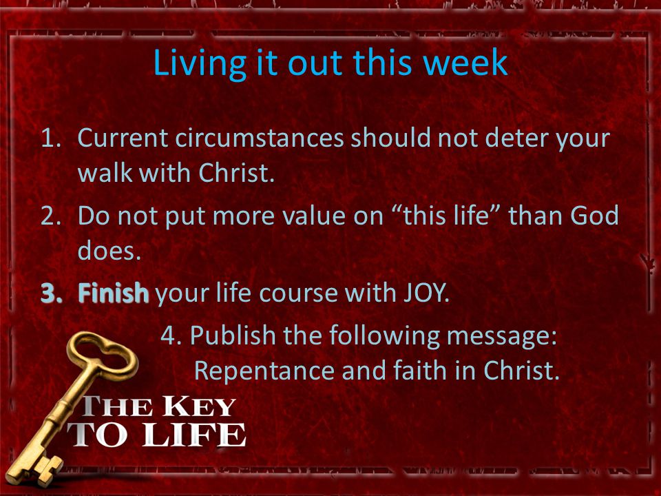 Living it out this week 1.Current circumstances should not deter your walk with Christ.