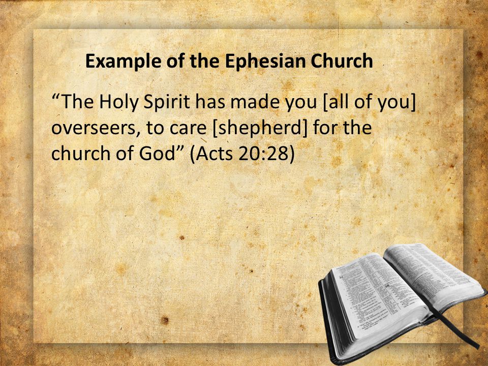 The Holy Spirit has made you [all of you] overseers, to care [shepherd] for the church of God (Acts 20:28) Example of the Ephesian Church