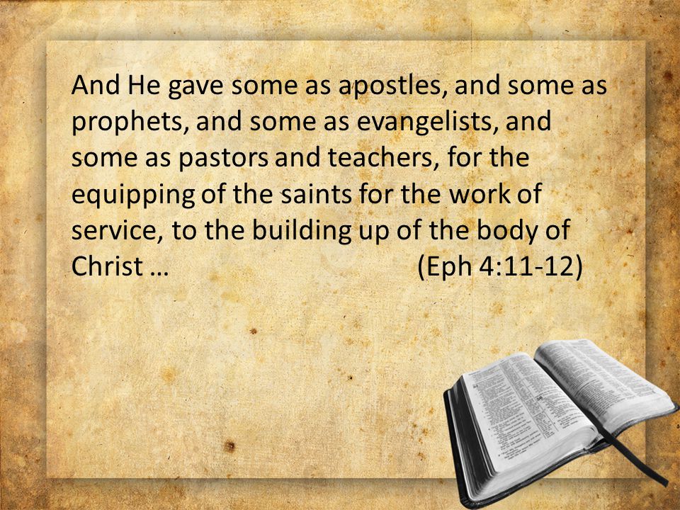 And He gave some as apostles, and some as prophets, and some as evangelists, and some as pastors and teachers, for the equipping of the saints for the work of service, to the building up of the body of Christ … (Eph 4:11-12)