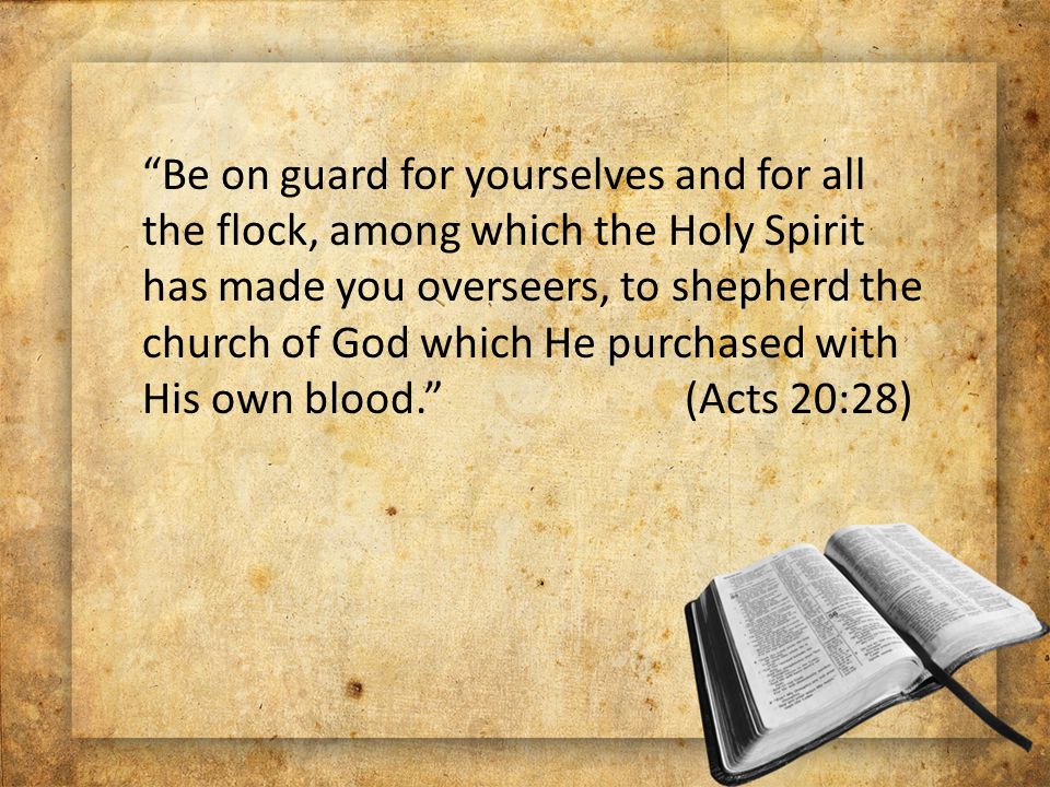 Be on guard for yourselves and for all the flock, among which the Holy Spirit has made you overseers, to shepherd the church of God which He purchased with His own blood. (Acts 20:28)
