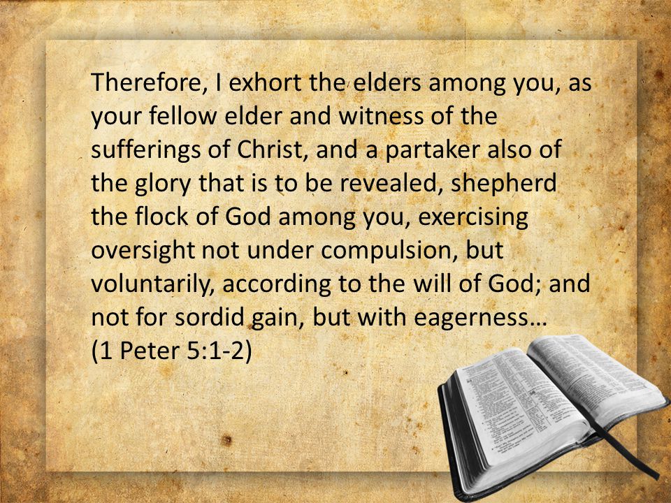 Therefore, I exhort the elders among you, as your fellow elder and witness of the sufferings of Christ, and a partaker also of the glory that is to be revealed, shepherd the flock of God among you, exercising oversight not under compulsion, but voluntarily, according to the will of God; and not for sordid gain, but with eagerness… (1 Peter 5:1-2)