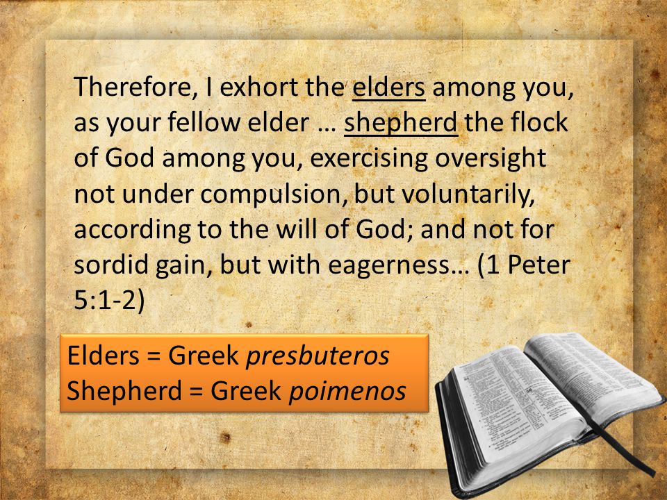 Therefore, I exhort the elders among you, as your fellow elder … shepherd the flock of God among you, exercising oversight not under compulsion, but voluntarily, according to the will of God; and not for sordid gain, but with eagerness… (1 Peter 5:1-2) Elders = Greek presbuteros Shepherd = Greek poimenos