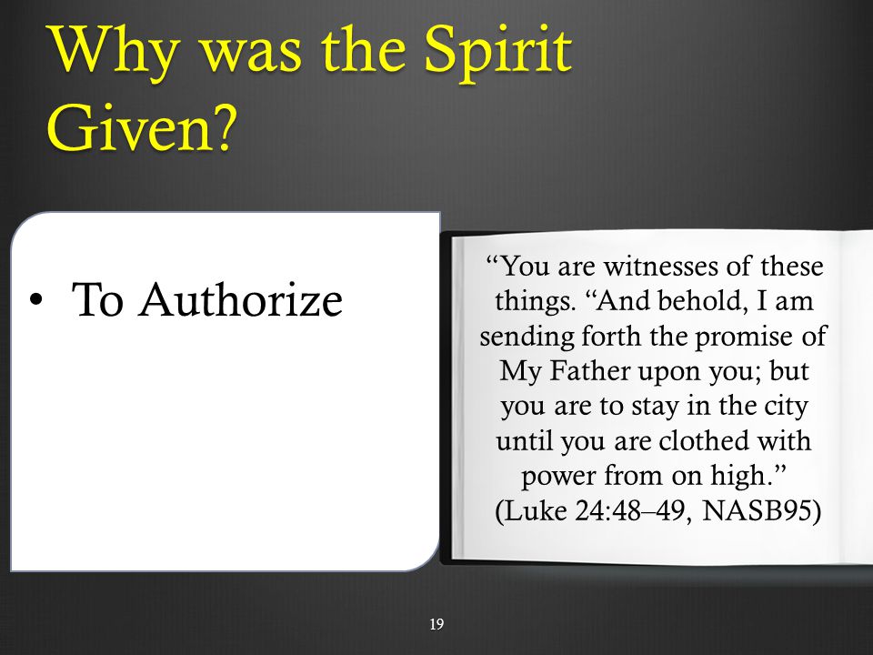 Why was the Spirit Given. To Authorize You are witnesses of these things.