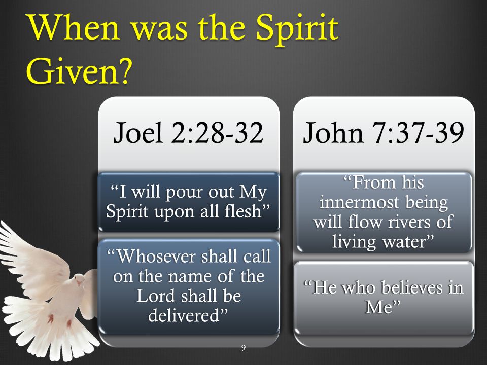 Joel 2:28-32 I will pour out My Spirit upon all flesh Whosever shall call on the name of the Lord shall be delivered John 7:37-39 From his innermost being will flow rivers of living water He who believes in Me 9