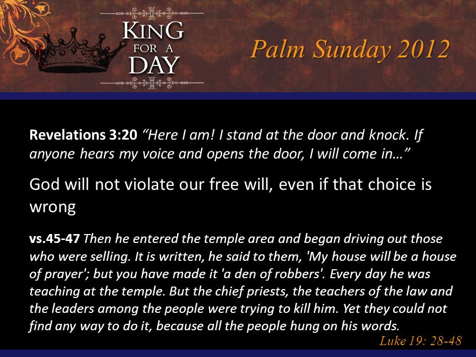 Palm Sunday 2012 Luke 19: Revelations 3:20 Here I am.