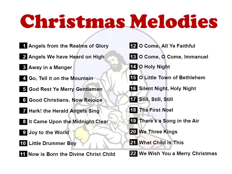 Christmas Melodies 1 Angels from the Realms of Glory 2 Angels We have Heard on High 3 Away in a Manger 4 Go, Tell it on the Mountain 5 God Rest Ye Merry Gentlemen 6 Good Christians, Now Rejoice 7 Hark.