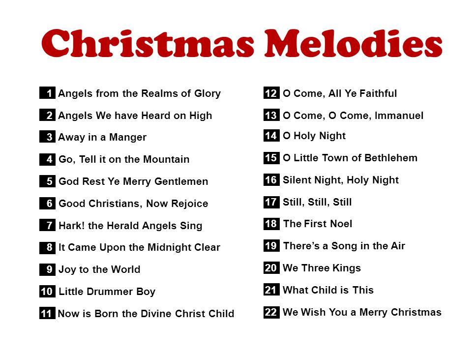 Christmas Melodies 1 Angels from the Realms of Glory 2 Angels We have Heard on High 3 Away in a Manger 4 Go, Tell it on the Mountain 5 God Rest Ye Merry Gentlemen 6 Good Christians, Now Rejoice 7 Hark.