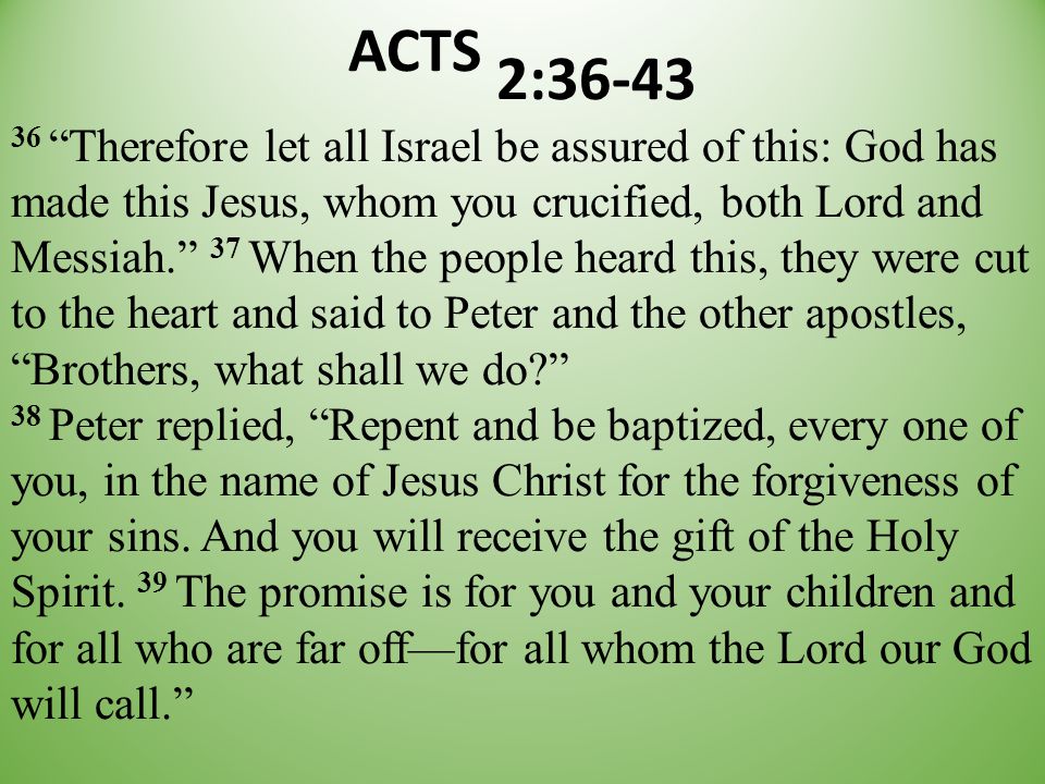 ACTS 2: Therefore let all Israel be assured of this: God has made this Jesus, whom you crucified, both Lord and Messiah. 37 When the people heard this, they were cut to the heart and said to Peter and the other apostles, Brothers, what shall we do 38 Peter replied, Repent and be baptized, every one of you, in the name of Jesus Christ for the forgiveness of your sins.