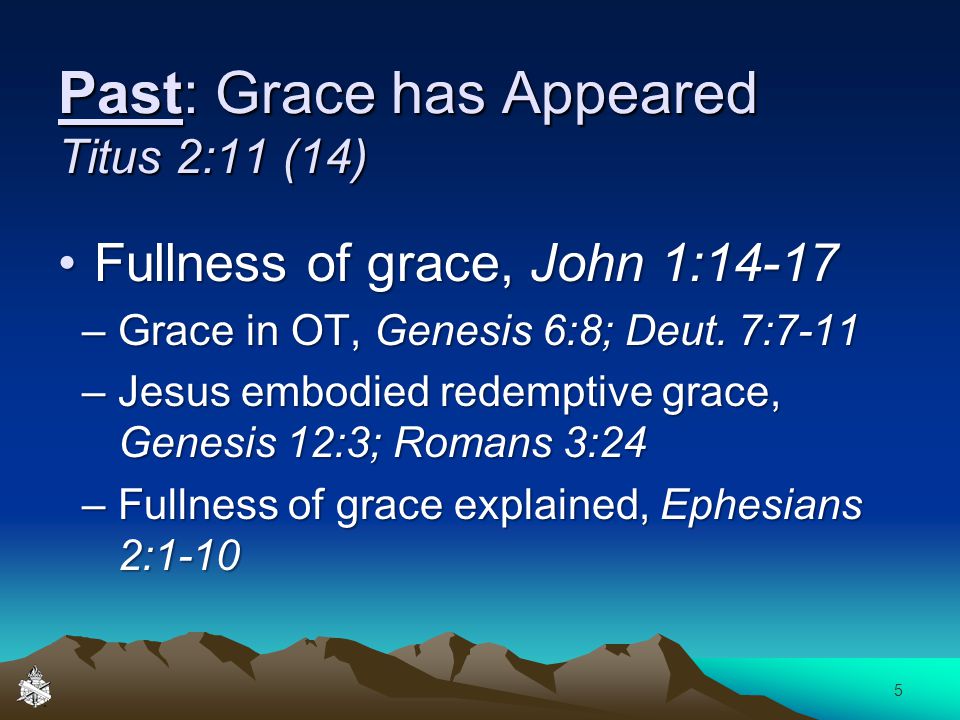 Past: Grace has Appeared Titus 2:11 (14) Fullness of grace, John 1:14-17Fullness of grace, John 1:14-17 –Grace in OT, Genesis 6:8; Deut.