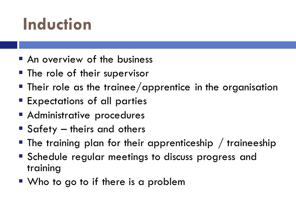 Induction  An overview of the business  The role of their supervisor  Their role as the trainee/apprentice in the organisation  Expectations of all parties  Administrative procedures  Safety – theirs and others  The training plan for their apprenticeship / traineeship  Schedule regular meetings to discuss progress and training  Who to go to if there is a problem