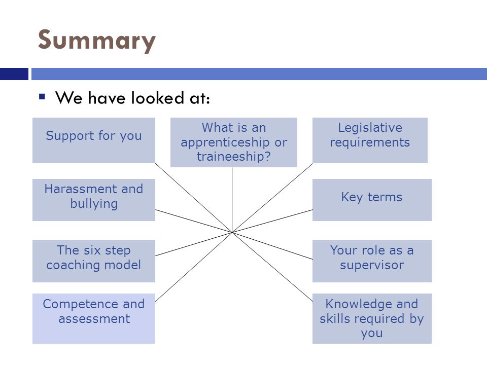 Summary  We have looked at: Support for you Harassment and bullying What is an apprenticeship or traineeship.