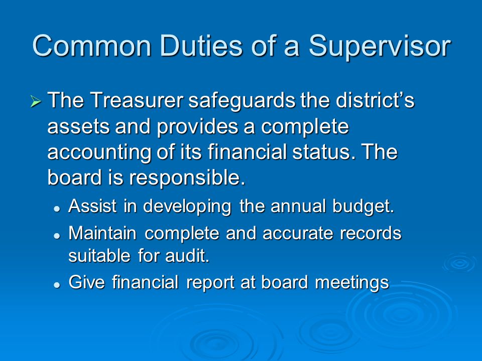  The Treasurer safeguards the district’s assets and provides a complete accounting of its financial status.