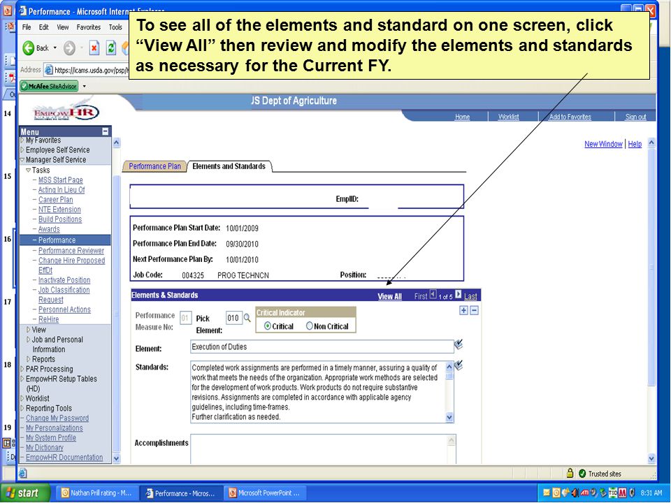 To see all of the elements and standard on one screen, click View All then review and modify the elements and standards as necessary for the Current FY.