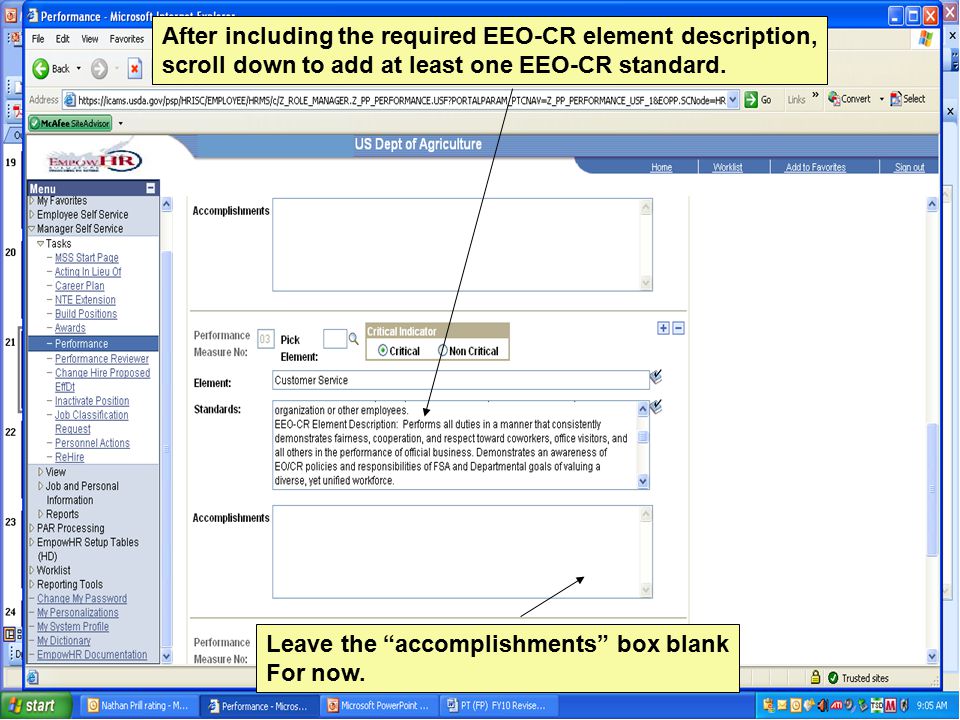 After including the required EEO-CR element description, scroll down to add at least one EEO-CR standard.