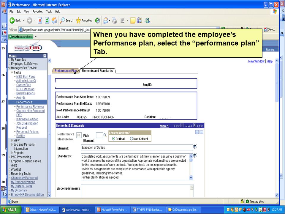 When you have completed the employee’s Performance plan, select the performance plan Tab.