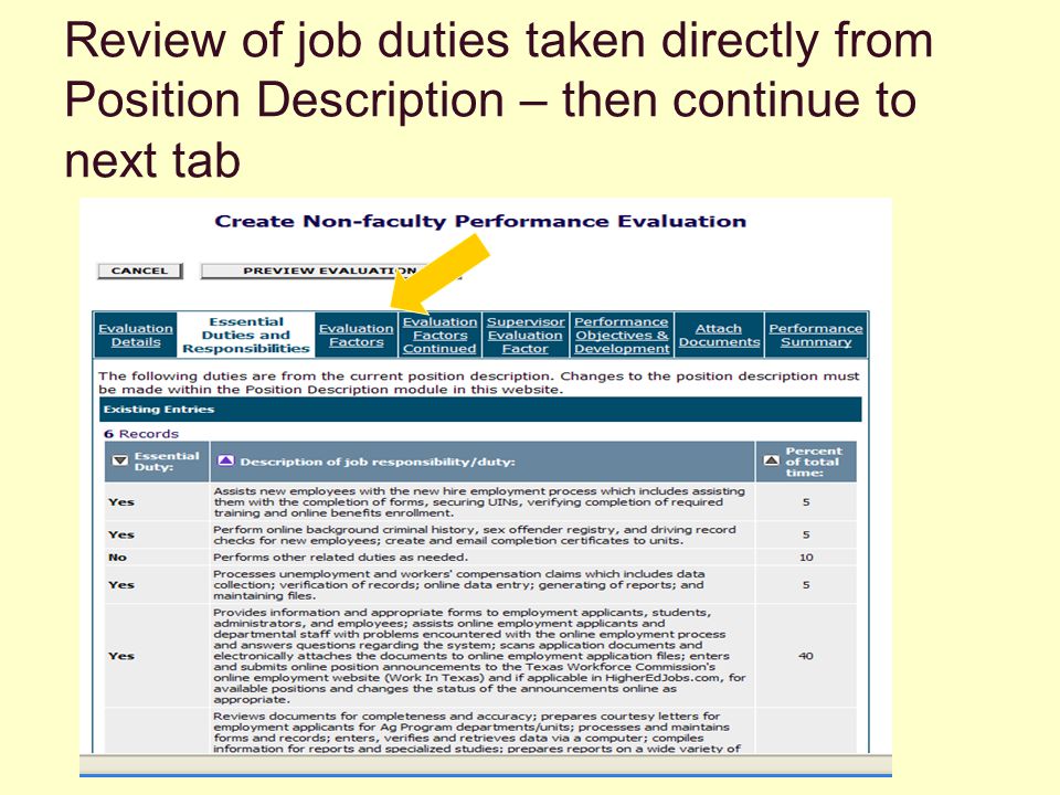 Review of job duties taken directly from Position Description – then continue to next tab