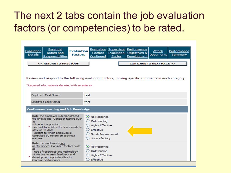The next 2 tabs contain the job evaluation factors (or competencies) to be rated.