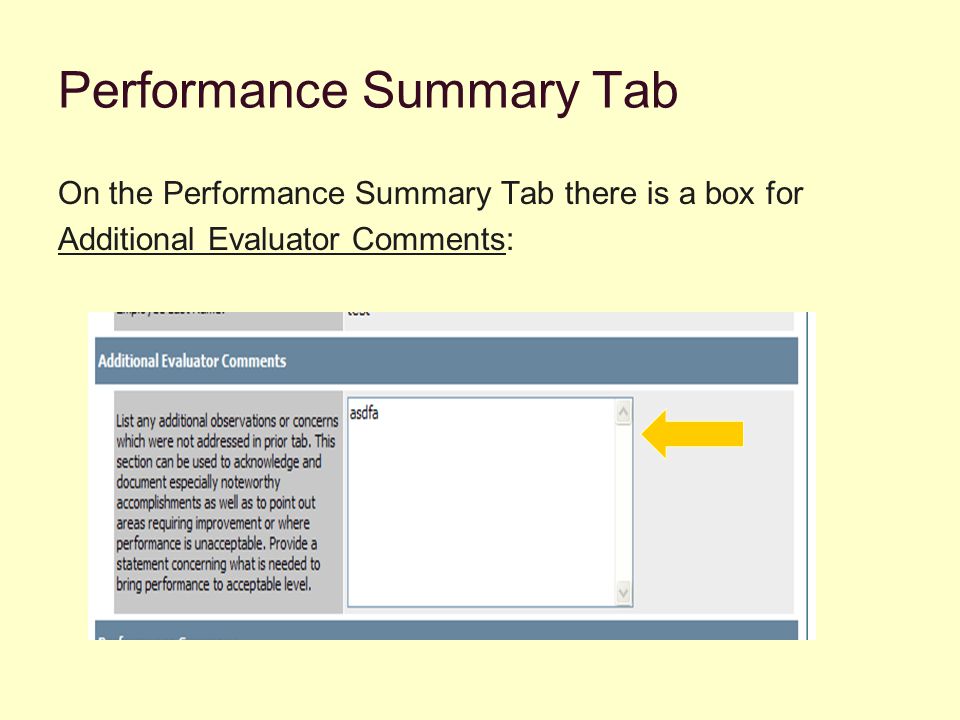 Performance Summary Tab On the Performance Summary Tab there is a box for Additional Evaluator Comments: