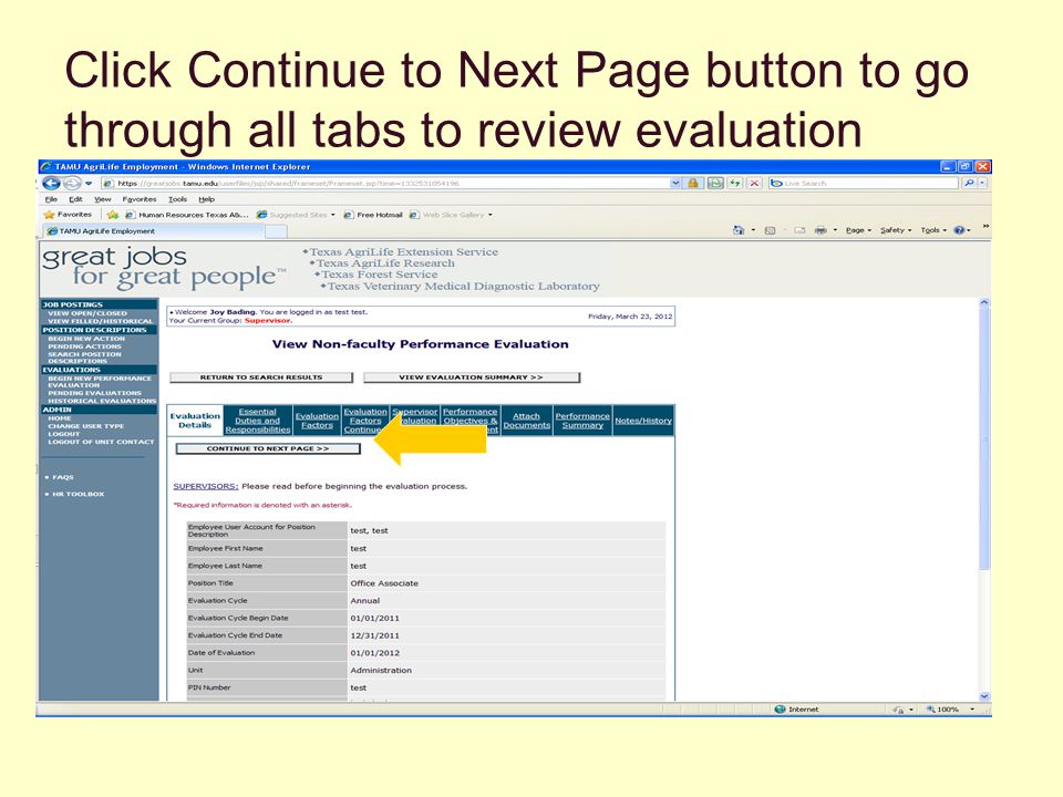 Click Continue to Next Page button to go through all tabs to review evaluation