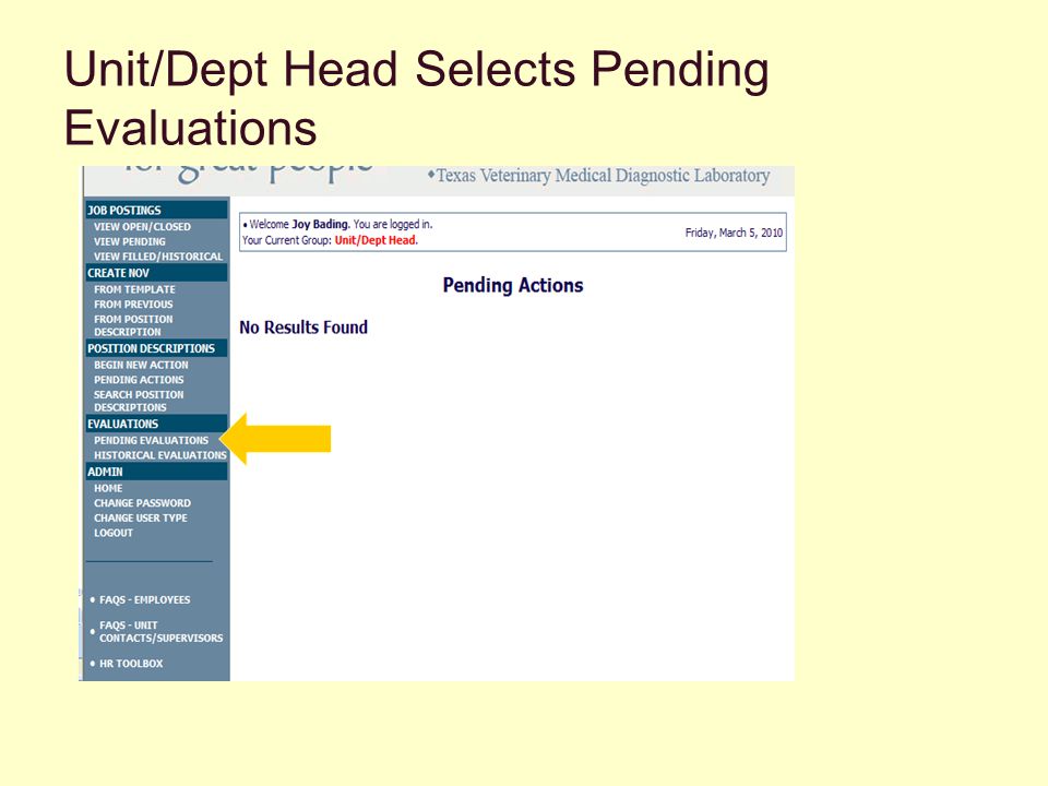 Unit/Dept Head Selects Pending Evaluations