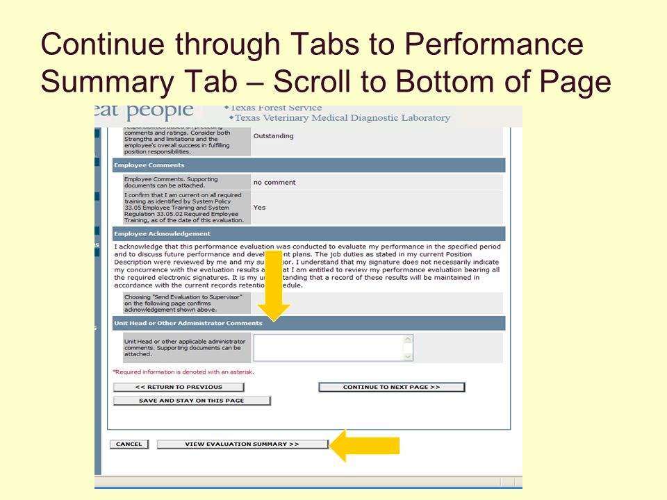 Continue through Tabs to Performance Summary Tab – Scroll to Bottom of Page