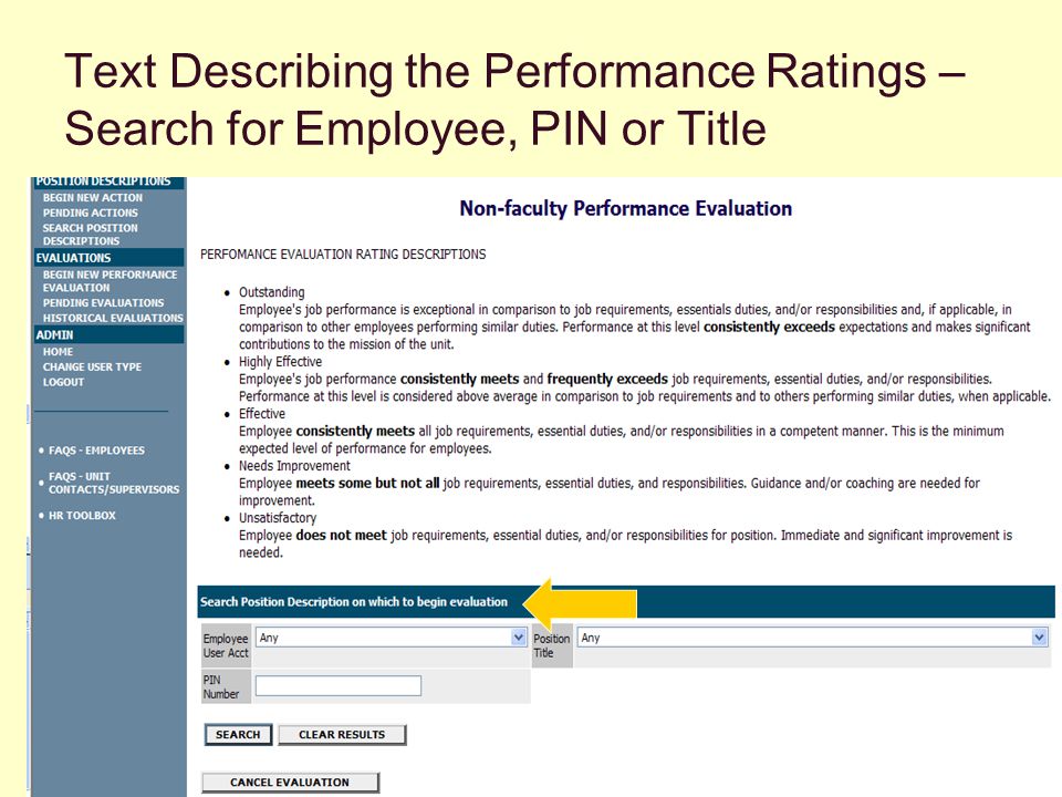 Text Describing the Performance Ratings – Search for Employee, PIN or Title