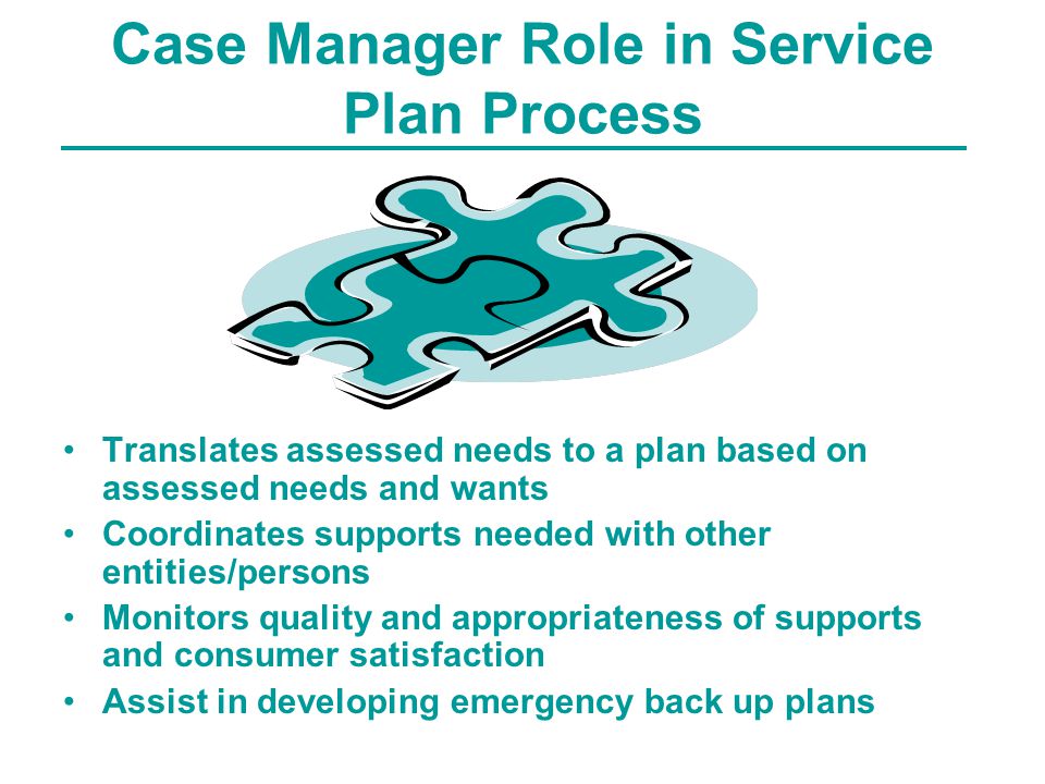 Case Manager Role in Service Plan Process Translates assessed needs to a plan based on assessed needs and wants Coordinates supports needed with other entities/persons Monitors quality and appropriateness of supports and consumer satisfaction Assist in developing emergency back up plans