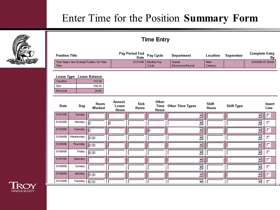 Enter Time for the Position Summary Form