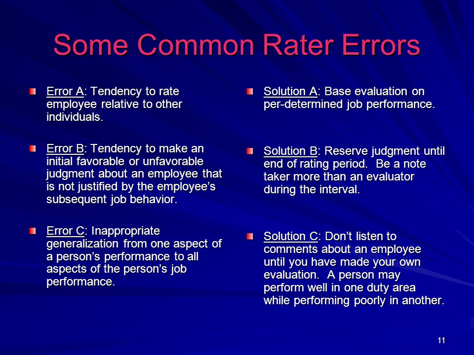 11 Some Common Rater Errors Error A: Tendency to rate employee relative to other individuals.