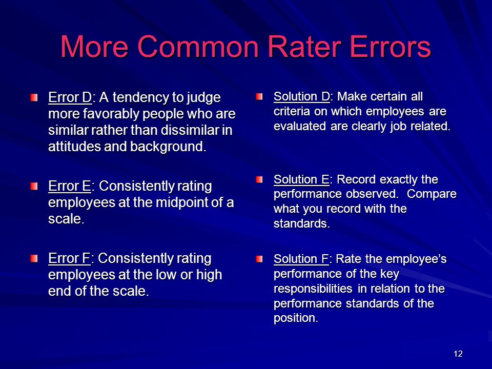 12 More Common Rater Errors Error D: A tendency to judge more favorably people who are similar rather than dissimilar in attitudes and background.