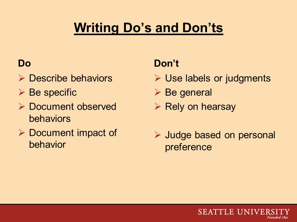 Writing Do’s and Don’ts Do  Describe behaviors  Be specific  Document observed behaviors  Document impact of behavior Don’t  Use labels or judgments  Be general  Rely on hearsay  Judge based on personal preference