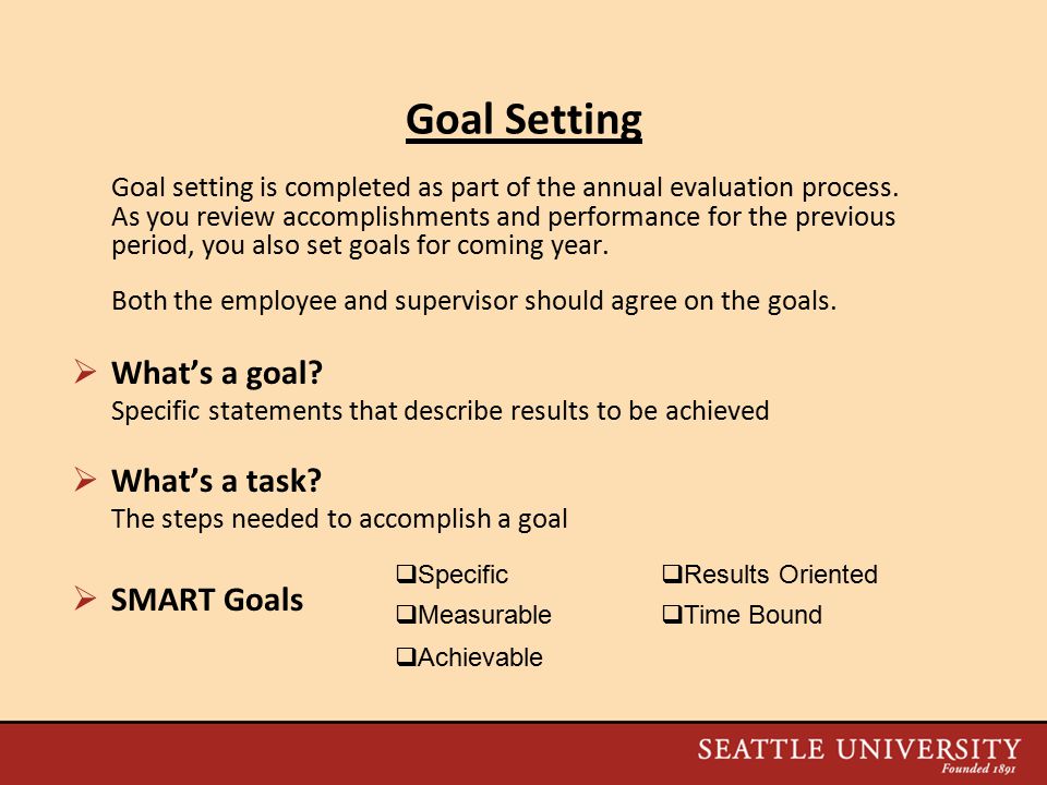 Goal Setting Goal setting is completed as part of the annual evaluation process.